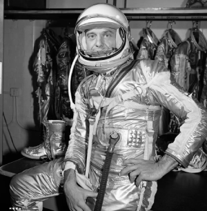 black and white picture of alan shephard in astronaut suite