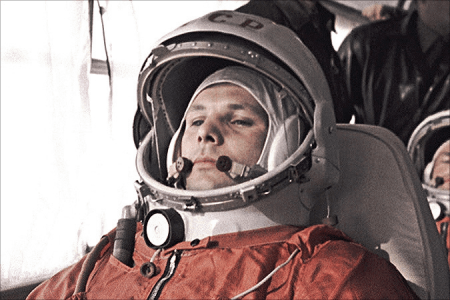 yuri gagarin in astronaut suite