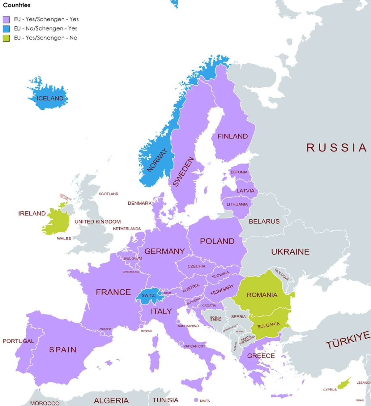 list of schengen countries in a map view