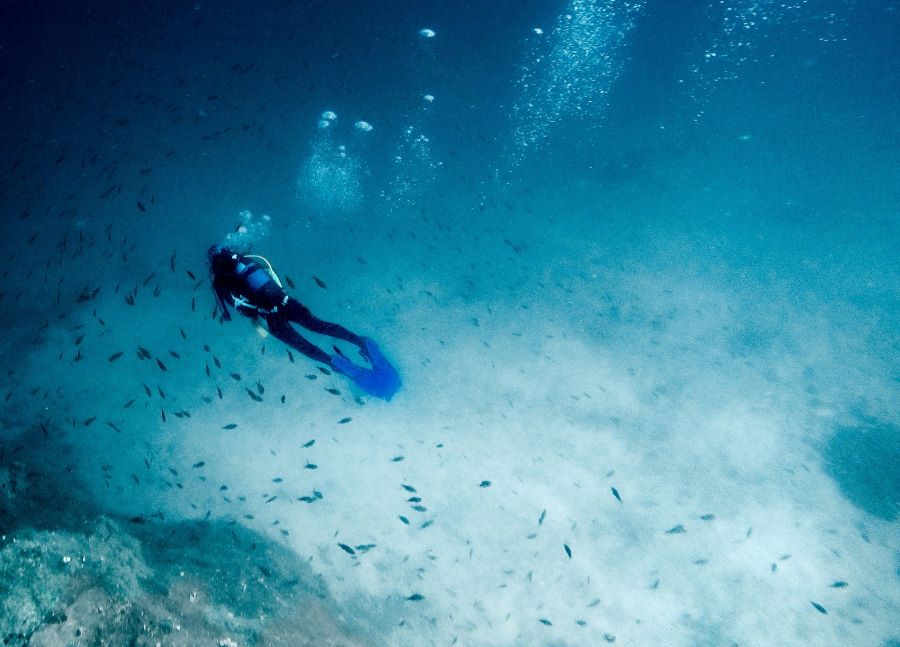 scuba diver reached at the floor of sea 