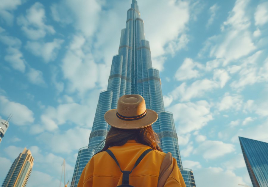 a person with cap looking at burj khalifa