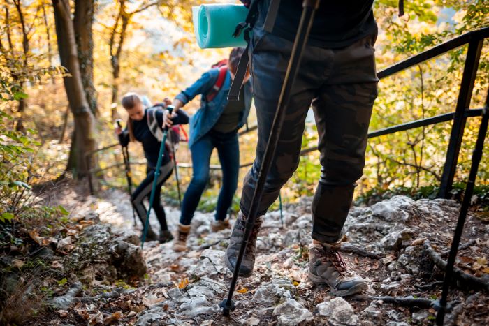 three travelers trekking