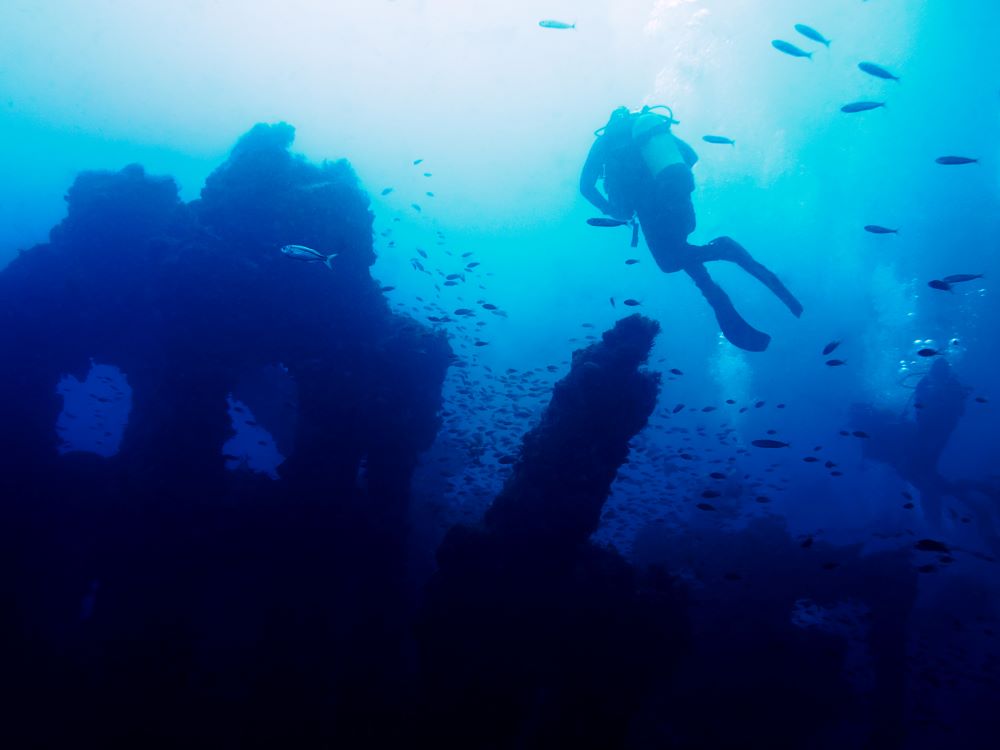 scuba diver going above in sea