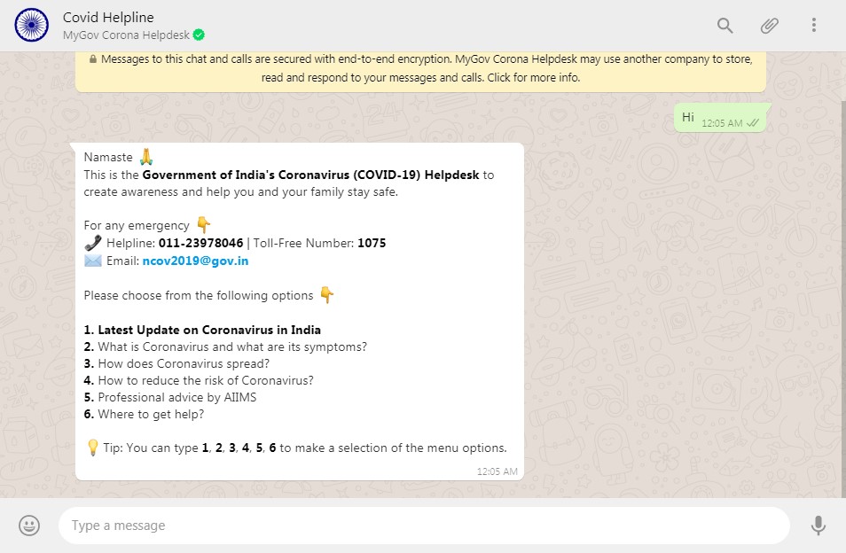Coronavirus Whatsapp Helpline by Indian Government